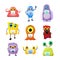 Set of cute monsters, childish cartoon characters wear masks to protect from COVID on white