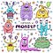 Set of cute monsters funny cartoon character, hand drawing. Collection multicolored scary hilarious fairy tale hero isolated on