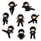 Set of cute ninjas in various poses isolated on white background