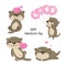Set of Cute Otters fall in love. Hand drawn cartoon animal character