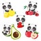 Set Cute panda with fruits vector illustration funny design trendy summer print apple, cherry, avocado, lemon, Strawberry