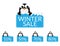 Set of Cute Penguins behind a Blue sign with snow, discounts and Winter sale text