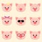 Set of cute piggy face different emotions in cartoon style.