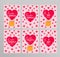 Set of cute pink postcards and posters. Valentine`s day, Happy Birthday and I love you banners