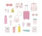 Set of cute pinky travel accessories for sticker, planner, scrapbooking. Girly vector illustrations.