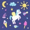Set of cute pony with wings or beautiful horse with different cute items. Sun and moon, rainbow and ice cream. Pretty