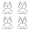 A set of cute puppies with different faces for self-coloring. Surprised, contented, brooding and happy dog. Isolated