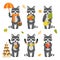 Set of cute raccoon characters isolated on white background. Collection of autumn characters. Vector illustration in