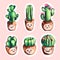 Set of cute sale embroidery cactus in a pots icons with smile.