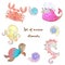 Set of cute sea animals octopus seahorse whale and jellyfish. Vector Watercolor