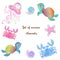 Set of cute sea animals octopus seahorse whale and jellyfish. Vector Watercolor