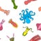 Set of cute sea cephalopods. Color vector hand drawing background pattern.