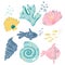 Set with cute sea fish and creatures. Cartoon illustration with underwater animals. Summer, beach and sea elements