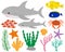 Set cute shark and sea elements fish crab algae corals seashell starfish vector illustration