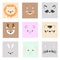 Set of cute simple animal faces in a square. Vector illustration