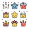 Set of cute smiling stars and crowns with adorable faces. Colorful happy star characters with different crown designs