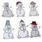 Set of cute snowmen with different hats, positive winter characters with carrot noses
