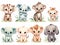 Set of cute stylized watercolor puppies flat clipart, baby elephant, baby giraffe, baby crocodile, baby panda, white background,