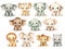 Set of cute stylized watercolor puppies flat clipart, baby elephant, baby giraffe, baby crocodile, baby panda, white background,