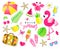 Set of cute summer elements. Pink flamingo, tropical leaves, umbrella, crab, flip flops, pineapple, cherry, orangeand other elemen