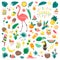 Set of cute summer icons: food, drinks, palm leaves, fruits and flamingo.