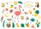 Set of cute summer icons: food, drinks, palm leaves, fruits and flamingo. Bright summertime poster.