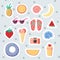 Set of cute summer icons isolated on blue backgroun. Tropical holidays. Summer beach. Vector illustration.