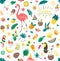 Set of cute summer pattern food, drinks, palm leaves, fruits and flamingo. Bright summertime poster.