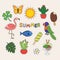 Set of cute summer stickers butterfly, fish, parrot, ice cream, sun, cactus.