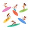 Set of cute surfers with surfboards. Surfing characters.