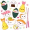 Set of cute sushi and rolls icons in kawaii style