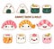 Set of cute sushi and rolls icons in kawaii style with smiling face and pink cheeks