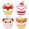 Set of cute sweet animal-shaped desserts in kawaii style. Cake, muffin and cupcake with whipped cream and berry. Deer, panda, fox