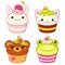 Set of cute sweet animal-shaped desserts in kawaii style. Cake, muffin and cupcake with whipped cream and berry. Frog, bear, bunny