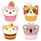 Set of cute sweet animal-shaped desserts in kawaii style. Cake, muffin and cupcake with whipped cream and berry. Koala, polar bear