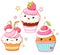 Set of cute sweet desserts in kawaii style with smiling face and pink cheeks. Cake, muffin and cupcake with whipped cream, cherry