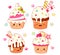 Set of cute sweet desserts in kawaii style with smiling face and pink cheeks for sweet design. Cake, muffin and cupcake with