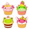 Set of cute sweet dragon-shaped desserts in kawaii style. Cake, muffin and cupcake with whipped cream and berry