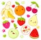 Set of cute sweet fruit icons in kawaii style