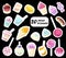 Set of cute sweet icons in kawaii style with smiling face and pink cheeks for sweet design. Sticker with inscription So cute. Ice