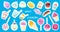 Set of cute sweet icons in kawaii style with smiling face and pink cheeks for sweet design. Sticker with inscription So cute. Ice