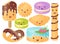 Set Of Cute Sweets. Croissant, Pretzel, Cupcake, Icecream, Macaroons, Sweet Steak, Cookie.