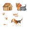 Set of cute thoroughbred dogs, booth, footprints