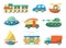 Set of cute transportation toys for children. Vector illustration in flat cartoon style.