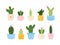 Set of cute tropical vector cacti in colorful pots