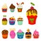 Set of cute vector cupcakes and muffins chocolate celebration birthday food sweet bakery party cute sprinkles decoration