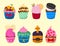Set of cute vector cupcakes and muffins chocolate celebration birthday food sweet bakery party cute sprinkles decoration
