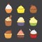 Set of cute vector cupcakes and muffins. Colorful cupcake isolated for food poster design.