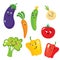 Set of cute vegetables in the form of characters. Eggplant, tomato, cucumber, onion, paprika, pepper, broccoli and carrots.