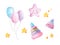 Set of cute watercolor illustrations. Pink balloons, cartoon stars, pyramids.